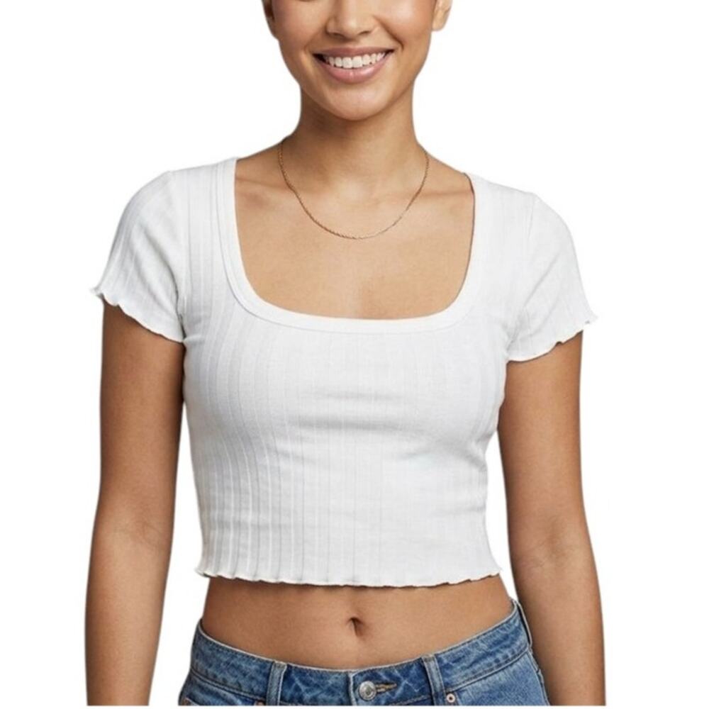 OFFLINE by Aerie OG Groove Crop Tee White Ribbed Lettuce Trim Women XS NWT